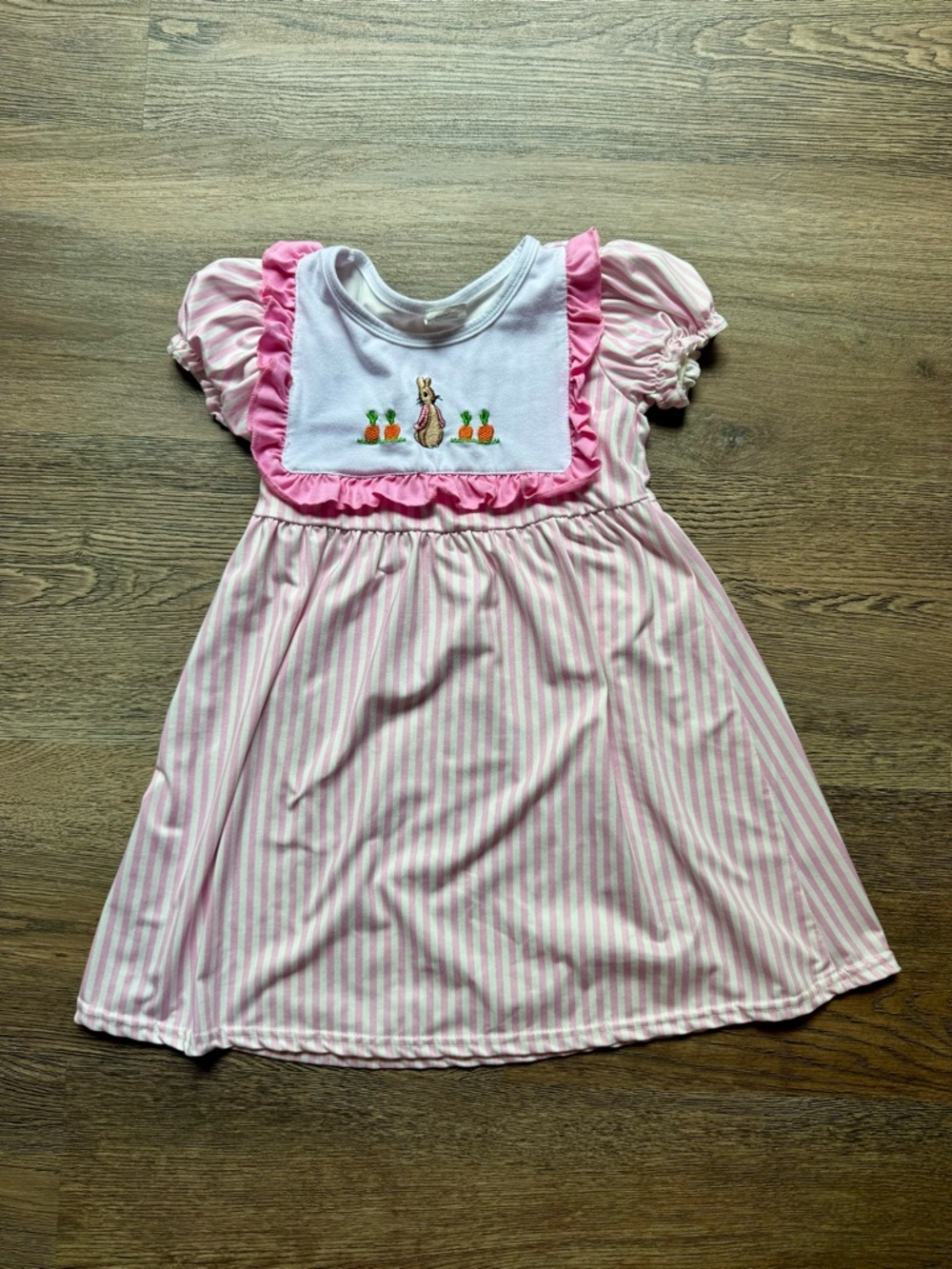 Pink Striped Girls' Easter Dress with Bunny Embroidery